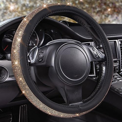 CAR PASS Bling Champagne Diamond Steering Wheel Cover, Black Leather Universal Fit 14.5-15inch Glitter Rhinestones for Women Sparkle Crystal Girly Shining for SUV,Vans,Sedan,Car,Truck, Black Champagne - color: Gold Champagne