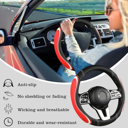 Leather Splicing Black Red White Car Steering Wheel Cover,14.5-15 Inch Universal Microfiber Leather Covers Breathable Anti-Slip Odorless Steering Wheels Accessories for Men Women - color: Leather Splicing - Black Red White