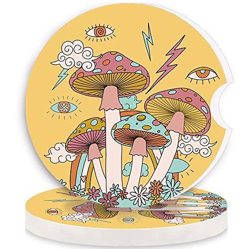 Car Coasters 2 Pack,2.56" Ceramic Stone Car Cupholder Absorbent Coaster Set for Women Men Drink Cup Holder Coasters Car Accessories(Skull Sunflowers) (Orange Mushroom) - color: Orange Mushroom