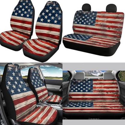 American Flags Auto Front Rear Seat Cover Set for Women Car Accessories Cup Holders Car Armrest Cover Seat Covers Steering Wheel Cover Headrest Covers Universal Fit for Truck Vans Suvs - color: American Flags