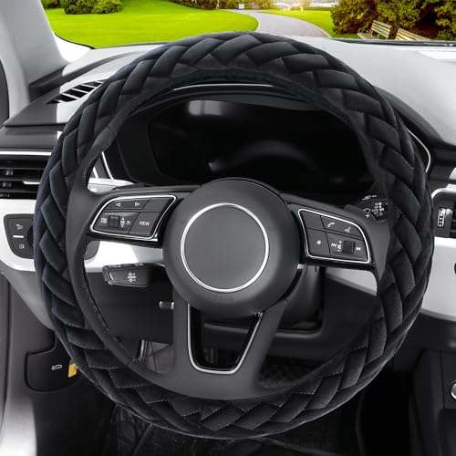 Soft Velvet Steering Wheel Cover Cute Hands Warm Fuzzy, Universal 15 Inch for Women Girls, Fit Vehicles, Sedans, SUVs, Vans, Trucks - Black
