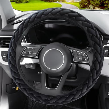 Soft Velvet Steering Wheel Cover Cute Hands Warm Fuzzy, Universal 15 Inch for Women Girls, Fit Vehicles, Sedans, SUVs, Vans, Trucks - Black
