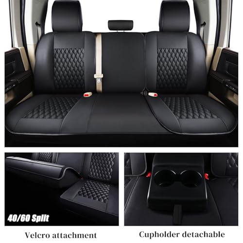 Coverado Car Seat Covers Fullset, Waterproof Leather Car Seat Covers for Dodge RAM 1500 Compatible with 2010-2023 2500 3500 Dodge RAM Accessories, Curved Front&Flat Rear/Black