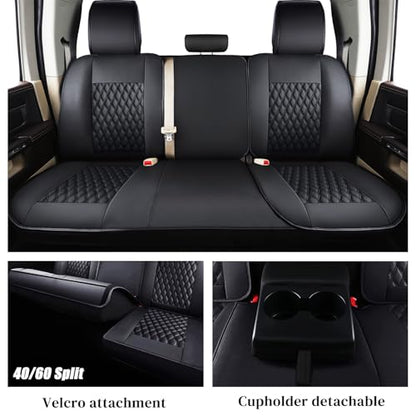 Coverado Car Seat Covers Fullset, Waterproof Leather Car Seat Covers for Dodge RAM 1500 Compatible with 2010-2023 2500 3500 Dodge RAM Accessories, Curved Front&Flat Rear/Black