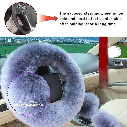 3PCS Wool Steering Wheel Cover with Fuzzy Handbrake Cover & Gear Shift Cover, Universal 15 Inch Steering Wheel Fluffy Soft Protector, Comforting Warm Car Decoration for Women Men (Gray) - style: Gray