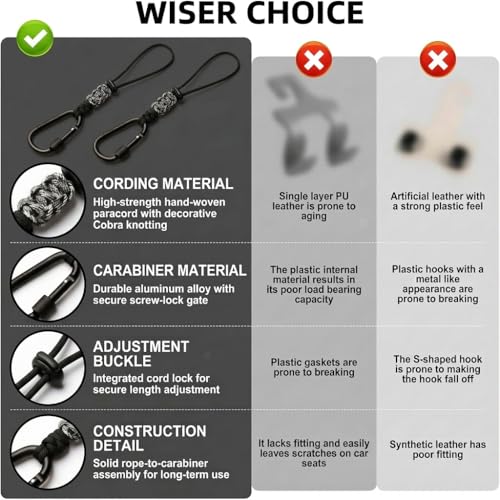 Car Seat Back Hooks 2 Pack - Heavy Duty Rope & Metal Buckle Car Hangers, No Wobble Multi-Purpose Organizer for Grocery Bags, Backpacks, Umbrellas, Trash Bags (Fit Most Vehicles) Black - color: Black