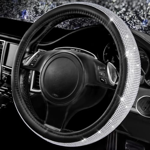 CAR PASS Bling Silver Diamond Leather Steering Wheel Cover, with Sparkly Crystal Glitter Rhinestone Universal Fit 13" 1/2-14" Small Car Wheel Protector for Women Girl Fit Car,SUV,Van,Sedan, Silver - color: Silver Diamond Leather Small