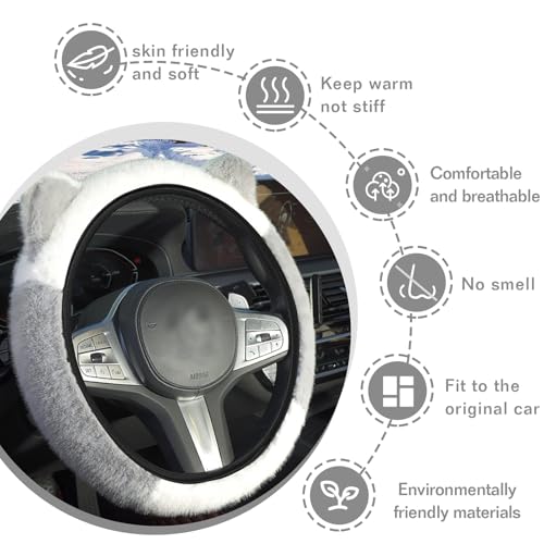 Car Steering Wheel Cover, Cute Steering Wheel Protector with Kitty Cat Ears,Fluffy Soft Plush for Winter Warm, Universal Fit 15 inches for Car,SUV, Elastic & Anti-Slip (White/Gray) - color: White/Gray
