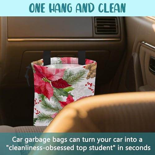 Car Garbage Bag Red Poinsettia Xmas Green Leaves Drawstring Car Trash Bag Hanging for Back Seat with Adjustable Buckle Canvas Vehicle Trash Can Easy-to-Install - color: Red Poinsettia Xmas Green Leaves