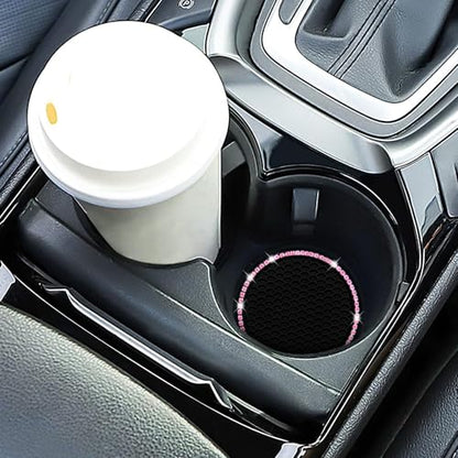 Car Coasters, Senose Bling Car Accessories for Women, Universal 2.75" Anti-Slip Silicone Cup Holder Coasters for Car, Cute Automotive Cup Holders Diamond Vehicle Interior Decor (Black Pink, 2 Pack)