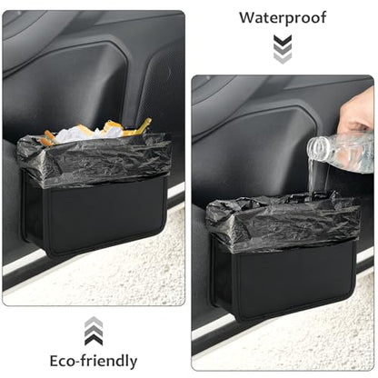 Accmor Collapsible Car Trash Can, Leather Vehicle Garbage Organizer Bin Holder with One Roll Trash Bag, Foldable Hanging Mini Cars Storage Bag Container for Auto, SUV (Black)