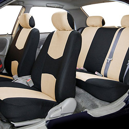 FH Group Full Set Cloth Car Seat Covers - Universal Fit, Low Back Front Seat Covers, Airbag Compatible, Split Bench Rear Seat, Washable Seat Cover for SUV, Sedan, Van, Beige - color: Beige, style: Full Set