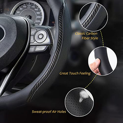 Car Steering Wheel Cover Black, 14-14.5 inch Steering Wheel Covers with Coasters Microfiber Leather Carbon Fiber Breathable Anti-Slip Durable Universal Auto Steering Wheel Protective - color: black02, size: Small