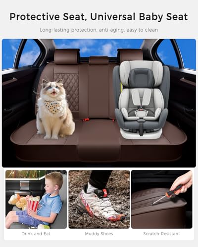 Huidasource Coffee Back Seat Cover, Nappa Leather Rear Seat Cover Velcro Adjustable, Compatible with Seat Belts, Child Safety Seats, Universal Fit for Most Cars SUVs Trucks (Back Row/Coffee) - color: 01R# Coffee, size: Back Seat Cover