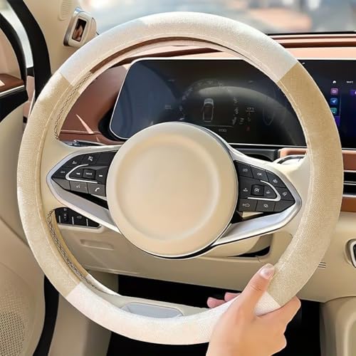 Car Steering Wheel Cover, Linen Full Surround Steering Wheel Outer Protector Shell Set, 15" Universal Breathable Soft Protector Cover Shell for Car Interior Decoration Accessories（Beige） - color: Beige