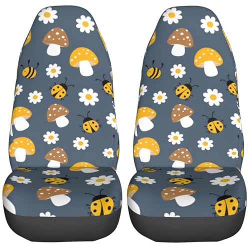 Delerain Car Seat Covers Set 2Pcs, Cute Bees Mushrooms Universal Front Car Seats Vehicle Enterior Protector Suitable Fits Most Car Auto SUV Sedan Truck - color: Bees and Mushrooms, size: Front Seat Covers