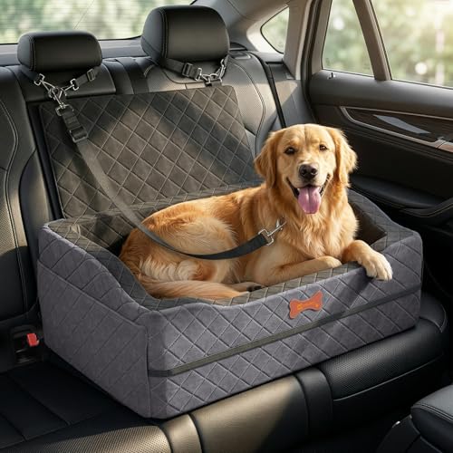 Dog Car Seat for Medium Large Dogs, 4" Elevated Booster Seat with ISOFIX Safety Fixation, Washable Cover & High Density Memory Foam, Portable for Car Front/Rear/Trunk Home Outdoor Use (Charcoal Gray) - color: Charcoal Gray, size: Large