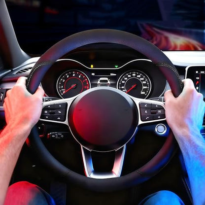 Leather Car Steering Wheel Cover, Breathable Laser-Perforated, Pure Black Double Lines, Rich Texture, 14.5-15 Inch for Nissan