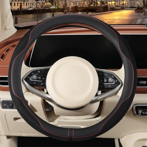 14 inch Steering Wheel Cover for Prius Civic, Nappa Microfiber Leather Non-Slip Breathable Fabric, Warm in Winter and Cool in Summer, Black Small 13.5 inch to 14 inch - color: Black, size: Round-S[13.5''-14'']