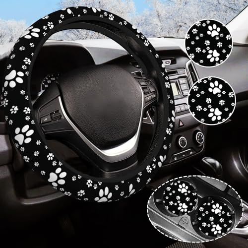Paw Print Steering Wheel Cover for Women Men with 2 Pcs Car Coasters, Universal 14.5-15 Inch Cute Steering Wheel Covers Non-Slip Car Accessories for Girls - color: paw print