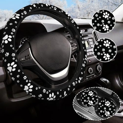 Paw Print Steering Wheel Cover for Women Men with 2 Pcs Car Coasters, Universal 14.5-15 Inch Cute Steering Wheel Covers Non-Slip Car Accessories for Girls - color: paw print