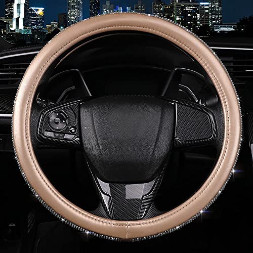 Bling Diamond Leather Steering Wheel Cover, Golden Steering Wheel Covers for Women Girls with Crystal Rhinestones, Universal Fit 14.5-15 Inch Car Steering Wheel Bling Cover Accessories - color: Golden