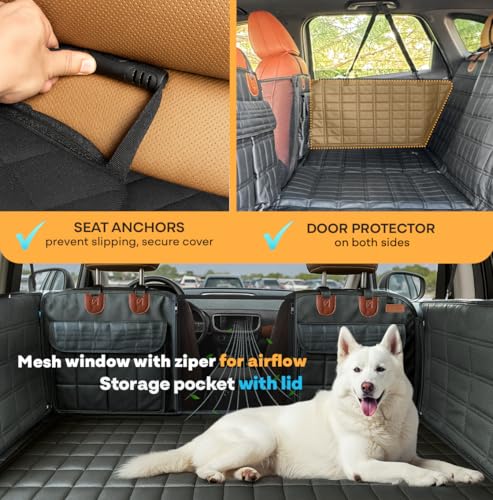 APetsPlanet Backseat Extender for Dogs, Dog Seat Cover Hard Bottom for Car Backseat & Truck Travel Bed, Platform Hammock Mat Converts Rear Seat Into Backseat Bed, Black Leather with Door Covers - style: Black Leather - With Door Covers