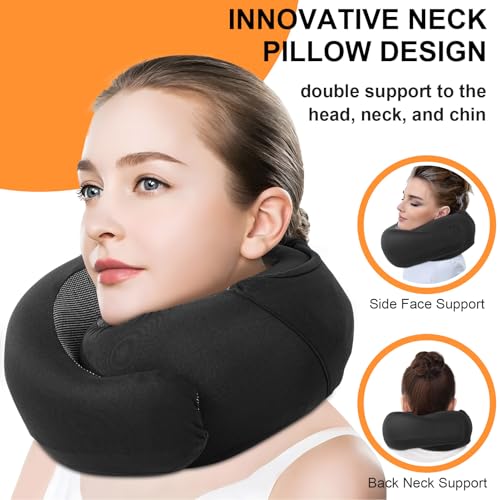 Travel Pillow - Hooded Neck Pillow Airplane Memory Foam Filling for Plane, Office, Cars Sleeping, Road Trip, Long Flights, Airplane Travel Essentials, Includes Eye Mask & Earplugs (Black) - color: Black
