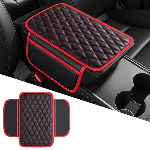 Waterproof Leather Car Center Console Pad with 2 Storage Bags, Auto Armrest Box Cover Protector, Comfortable Interior Accessories for Most Household Cars, Sedans & SUV (Black Red Stitch)