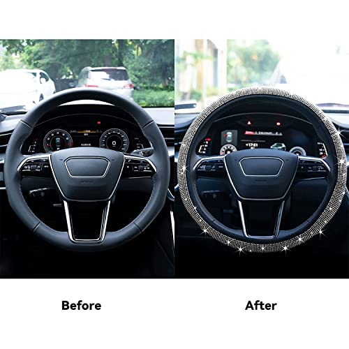 Bling Rhinestone Steering Wheel Cover with Crystal Diamond for Women, Sparkling Car Wheel Protector Universal Fit 14-15 inches - White