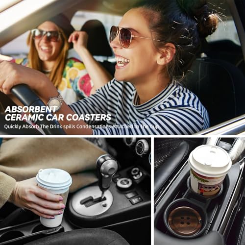 Wooden Buttons 2 Pack Car Cup Holder Coasters Absorbent Ceramic Drink Coasters 2.56" Universal Anti Slip Cup Mat with Non-Scratch Cork Base Finger Notch Auto Accessories Interior for Women Men