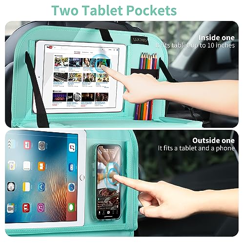 Car Backseat Organizer with Tablet Holder-2 Pcs,6 Storage Pockets Car Storage Organizer with Foldable Food Tray,Protectors Kick Mats Travel Accessories-Light Blue - color: Cerulean Breeze, size: 2 Pack with Food Tray