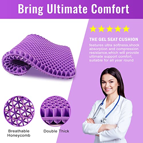 Gel Seat Cushion, for Long Sitting -Double Thick Gel Seat Cushion Breathable Honeycomb Chair Cushion with Non-Slip Cover for Office Chair Car, Wheelchair, Long Trips,Relief Sciatica Pain - color: Large Violet