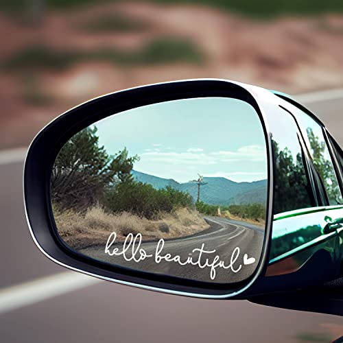 3 x Hello Beautiful Car Mirror Decal, Affirmation Sticker, Rearview Mirror Decal, Tumbler Sticker, Water Bottle Stickers, Vinyl Tumbler Decal, New Car Decor, 4 inches (White, Hello Beautiful)