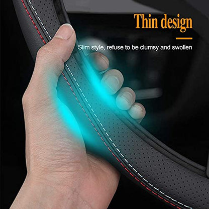 Carodi Latest Nappa Leather car Steering Wheel Cover, Stylish Non-Slip Leather car Interior 15 inches Universal Black(red and Blue Signs) - color: Black(red and Blue Signs)