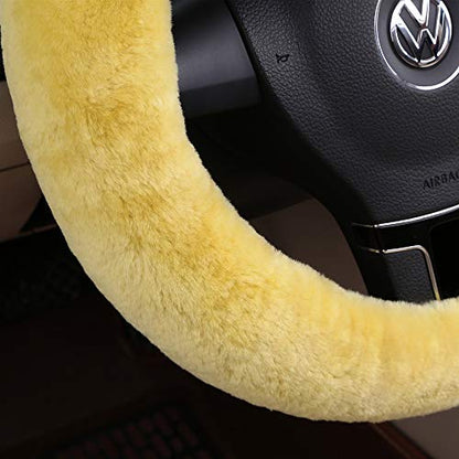 Furry Wool Sheepskin car Steering Wheel Cover for Girls Women Universal car 14 1/2-15 1/2inchs (Lemon Yellow) - color: Lemon Yellow