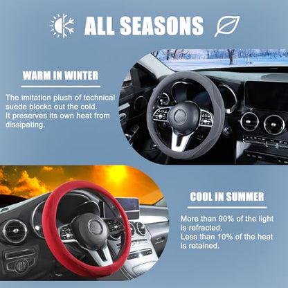 14 inch Red Suede Steering Wheel Cover, Breathable Non-Slip Sweat-Proof Wear-Resistant No Pilling, Warm in Winter and Cool in Summer - color: Red, size: Round-S[13.5''-14'']