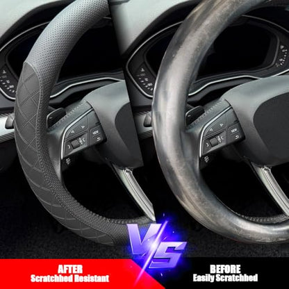 Nappa Leather Steering Wheel Cover, Elegant Diamond Checkered Design, Non-Slip wear-Resistant, Enhance Driving Comfort, Suitable for Steering Wheel Diameter 14 1/2‘-15’ Models.Black - color: Black