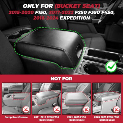 FREESOO Center Console Armrest Cover for Ford F150 2015-2020, Compatible with 2017-2022 F250 F350 F450 F550, 2018-2024 Expedition, PU Leather Cushion Thick Pad, Black (Bucket Seat Only)