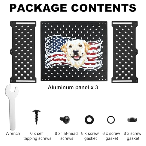 18" Adjustable RV Screen Door Protector for Dogs, Aluminum RV Screen Door Guard Grille, Fits 22"-31.5" Wide Camper Entry Doors Pet Scratch Shield Barrier with USA Flag Dog Head and Star Design