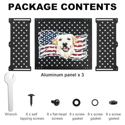 18" Adjustable RV Screen Door Protector for Dogs, Aluminum RV Screen Door Guard Grille, Fits 22"-31.5" Wide Camper Entry Doors Pet Scratch Shield Barrier with USA Flag Dog Head and Star Design