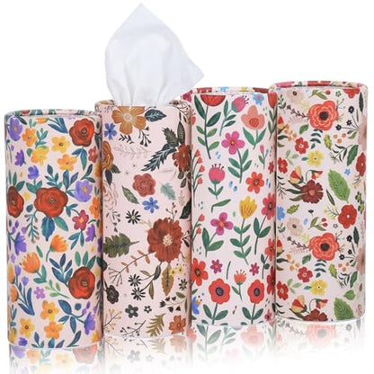 EUOYUFO 200 Sheets Car Tissues with 4 Pack Floral Cylinder Holder Round Portable Travel Tubes Box Container Tissue for Car Cup Holders Home Bathroom Office