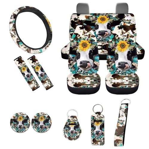 Cow Car Seat Covers Sets11pcs,Sunflower Western Cow Auto Seat Protector Pad+Seatbelt+Steering Wheel Cover+Car Coasters+ Interior Accessory+Cowhide Keychain for Women Men - color: Cow