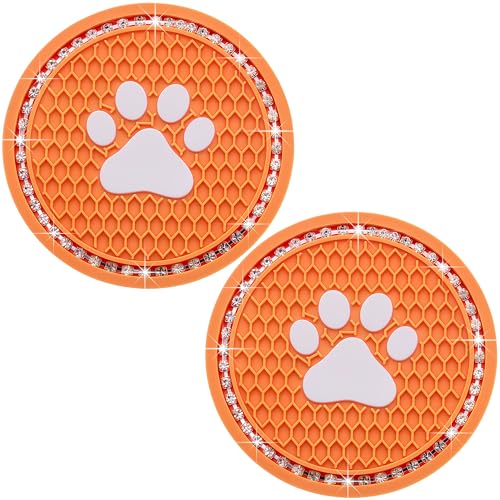 2PCS Bling Car Cup Holder Coaster, Universal Dog/Cat Paw Auto Non-Slip Crystal Rhinestone Cup Holder Coaster, 2.75In Universal Non-Slip Recessed Car Interior Accessories (Orange & White) - color: Orange & White, size: 2 pcs