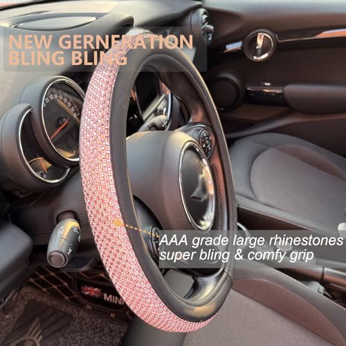 Bling Bling Comfy Steering Wheel Cover with Jumbo Crystal Rhinestones, Anti-Slip Diamond Leather, Universal 15 Inch (Pink) - color: 2.Pink, size: Medium(Standard) Size[14 1/2''-15'']