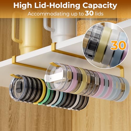 2 PCS Tumbler Lid Organizers, Ample Lid Capacity Up to 30 Lids, No Adhesive No Drill Yeti Lid Organizer Holder Inside Cabinet, Space-Saving Stanley Tumbler Cup Lid Holder Organizer for Kitchen (Gold) - color: Gold