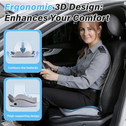 VUSIGN X-Large Seat Cushion for Truck & Car Drivers, Memory Foam Seat Cushion for Long Driving, Sciatica & Tailbone Pain Relief, Ergonomic Back Support Cushion with Non-Slip Bottom & Washable Cover