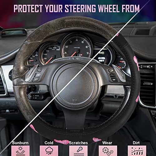 Car Pass Pink Embroidery Butterfly Steering Wheel Cover, Universal 15 Inch Car Wheel Cover for Women Girls, Fit for Suvs,Small Trucks,Sedans,Cars (Black and Pink) - color: Black and Pink
