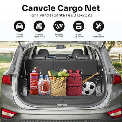 Canvcle Trunk Cargo Net for 2019-2025 2026 Hyun-dai Santa Fe Accessories Envelope Style Mesh Trunk Net Organizer and Storage Stretchable Adjustable Elastic Nylon Rear Cargo Netting with Hooks - style: for Hyundai Santa Fe