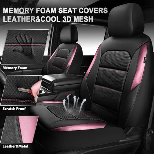CAR PASS Memory Foam Car Seat Covers,Air Cool Mesh Thick Seat Covers Front Seats,Pink Metal Film Leather Seat Cover for Car,Universal Automotive Comfort for Most Car,Truck,Airbag Compatible,Black Pink